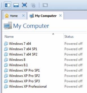 Končna slika naših virtualnih računalnikov. Tisti z oznako Windows 7 SP2 je pravzaprav SP1 z vsemi naknadnimi popravki, vsi računalniki so skupaj zasedli 360 GB prostora (po 40 GB na računalnik).